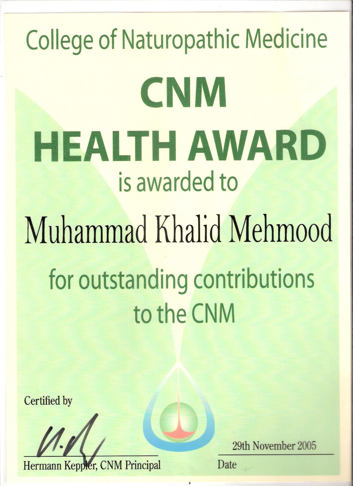 College of Naturopathic Medicine health award