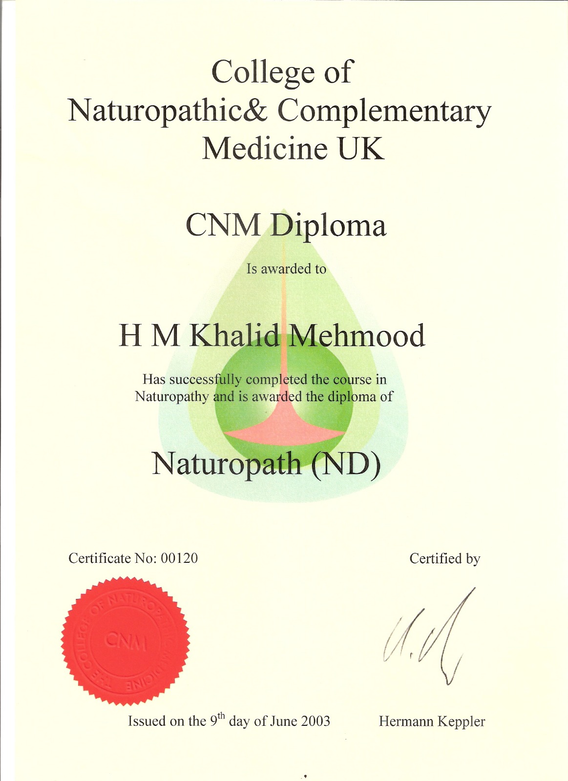College of Naturopathic and Complementary Medicine diploma