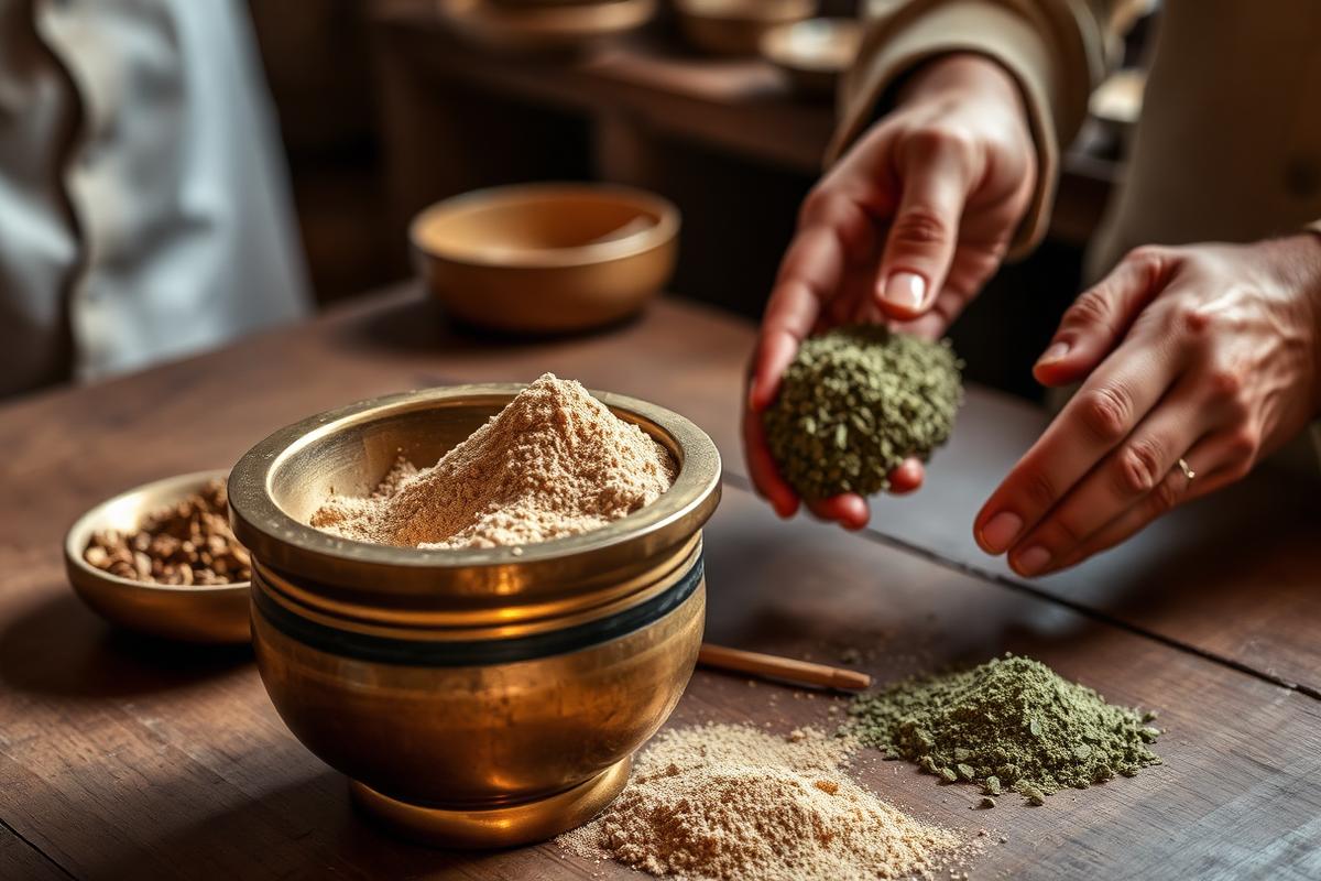 Herbal powder being prepared in a brass mortar
