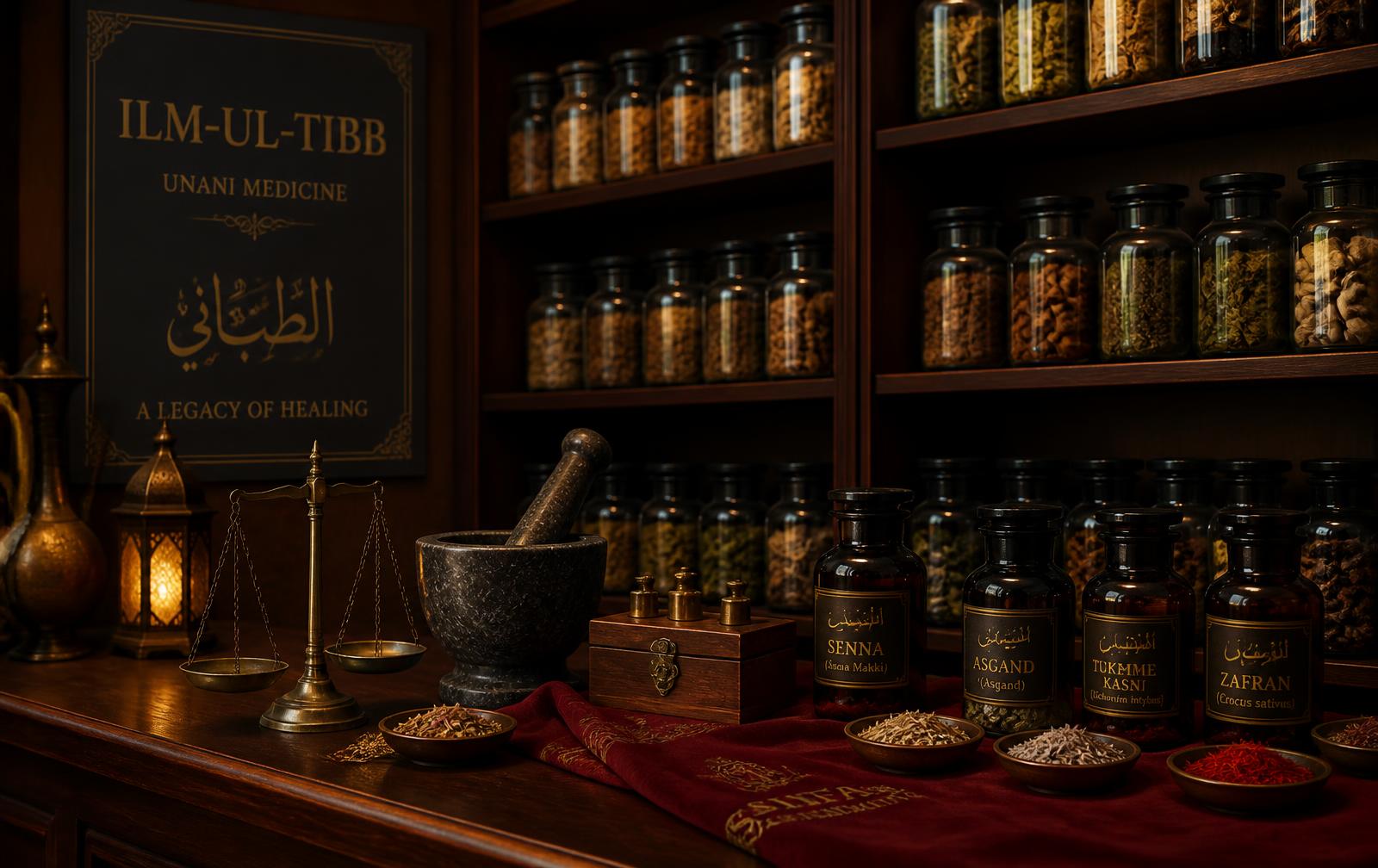 Traditional Unani apothecary with amber herb jars, brass scales and mortar